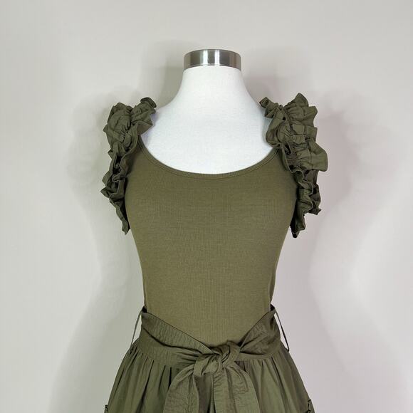 runaway green dress 1.STATE x Revolve Strapless Ruffle Tiered Dress in Capris Blue, Size M –  Aady's Boutique
